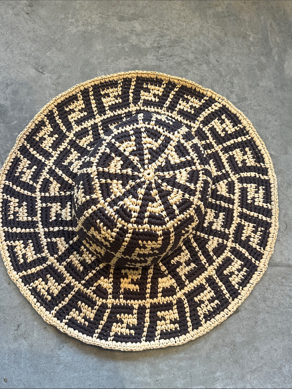 Fendi Brown & Natural Crochet Wide Brim Hat